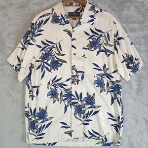 La Cabana Hawaiian Shirt Medium M Cream Blue Hibiscus Floral Tropical Button Up